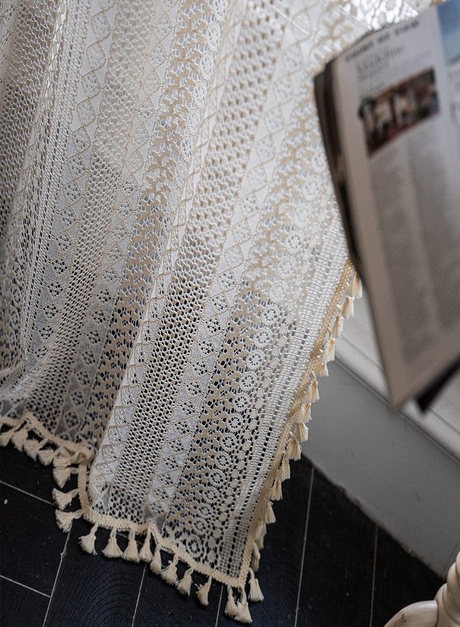 Deeprove ستائر كروشيه دانتيل شفافة من ديبروف، طولها 72 بوصة، ستائر بوهو محبوكة يدويًا مع شرابات مكرمية لغرفة النوم وغرفة المعيشة، ستارة عتيقة الطراز بتصميم شابي شيك، عرض 59 × طول 72 بوصة، لوحة واحدة بلون كريمي - Image 4